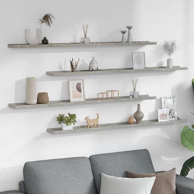 Concrete Gray Wall Shelves Set of 4, 45.3 Inch Long Floating for Living Room and Bedroom, Modern MDF Storage Shelves for Books, Plants, Decor, Easy Mount and Clean