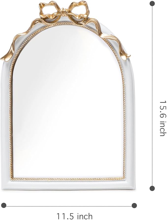 Stylor Vintage Coquette Bow Desk Mirror - Gold Antique Vanity Room Decor, Small Ornate Arched Makeup Mirror, Decorative Victorian Table Top Mirror