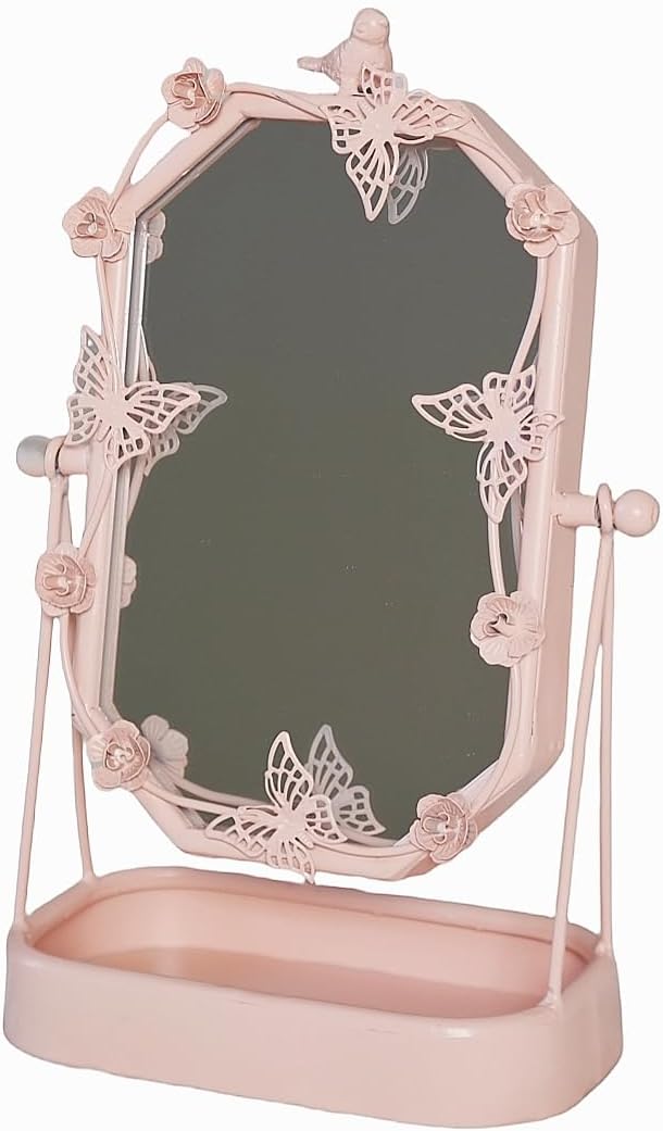 HSDDHOME Vintage Pink Gold Tabletop Makeup Mirror, Bird & Butterfly Decorative Vanity Mirror, 12.8” x 8.2” Retro Metal Standing Mirror for Dresser, Bedroom, and Bathroom (Pink)