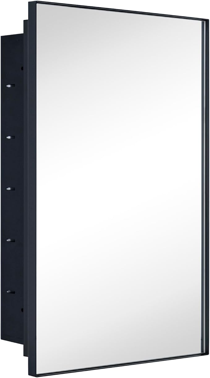 TEHOME Recessed Mount 16x26'' Squared Rectangle Matt Black Bathroom Medicine Cabinet with Mirror Black Metal Framed Rectanglular Medicine Cabinet 2 Adjustable Glass Shelves