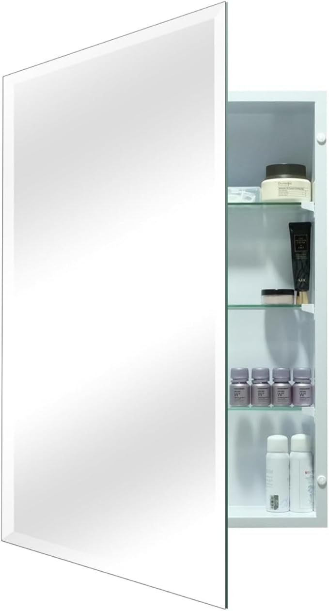 24x36 Inch Frameless Beveled Mirror Medicine Cabinet - Adjustable Glass Shelves, Rust-Resistant Bath Storage for Bathroom/Bedroom, Recessed or Surface Mount Wall Cabinet (White)