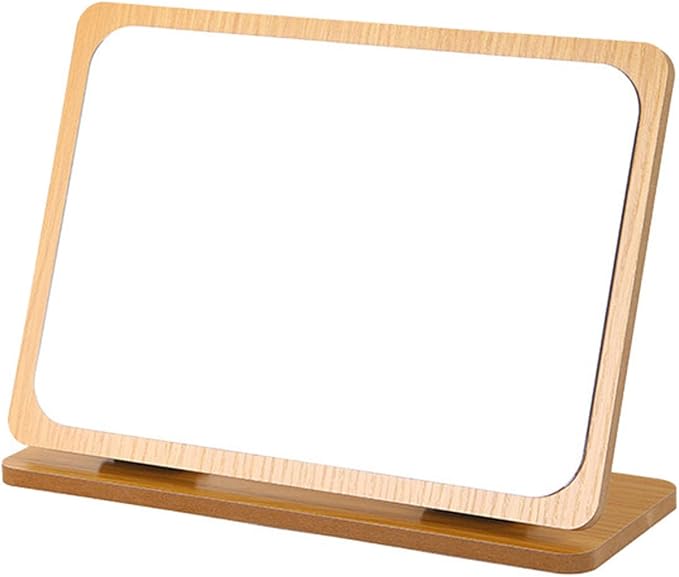 Rectangular Compact Table Mirror - Wood Frame, 90 Degree Rotation, Back Stand