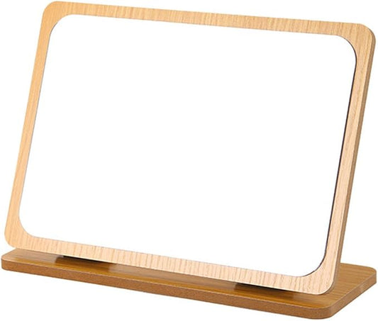 Rectangular Compact Table Mirror - Wood Frame, 90 Degree Rotation, Back Stand