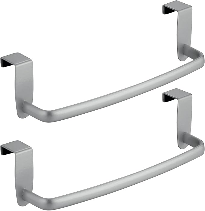 mDesign Steel Metal Wire Over Cabinet Towel Rack Storage Organizer - Hang on Cabinet or Door - Towel Bar Holder for Kitchen - Holds Hand Towels, Washcloths - Spira Collection, 2 Pack, Silver