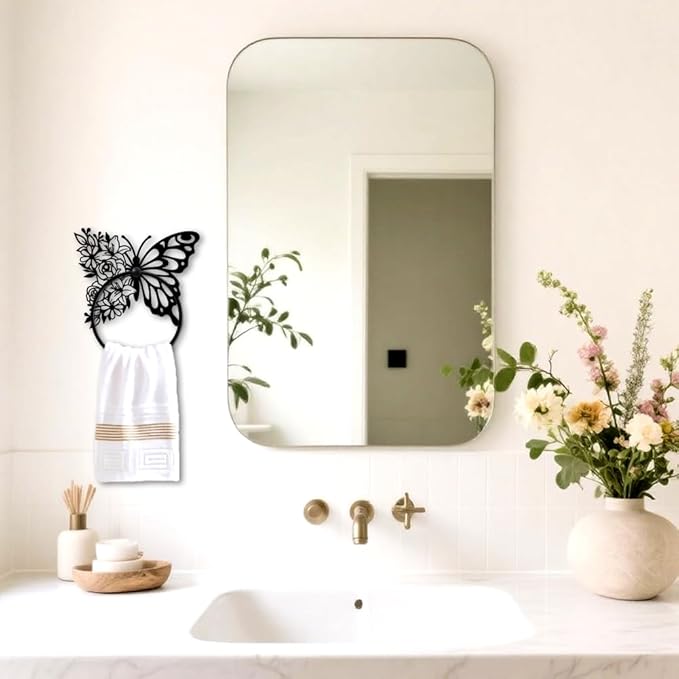 MAYJOYDIY Butterfly Metal Towel Ring Round Flower Hand Towel Holder Ring Hanger Wall Mount Black Vintage Towels Wall Organizer for Kitchen Bath Home Laundry Room Decors Gifts