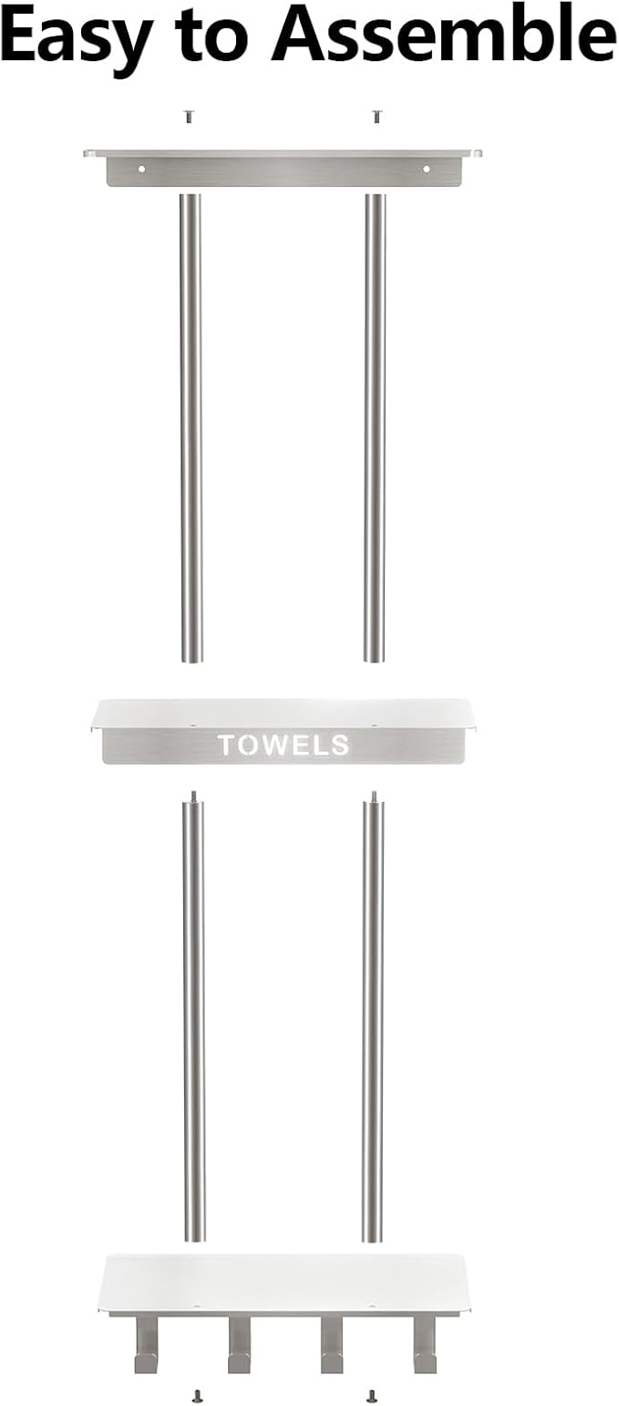 Bathroom Towel Storage, Towel Racks for Bathroom with 3-Tier Shelf & 4 Hooks, Towel Holder for Bathroom Wall for Rolled Bath Towels, Brushed Nickel