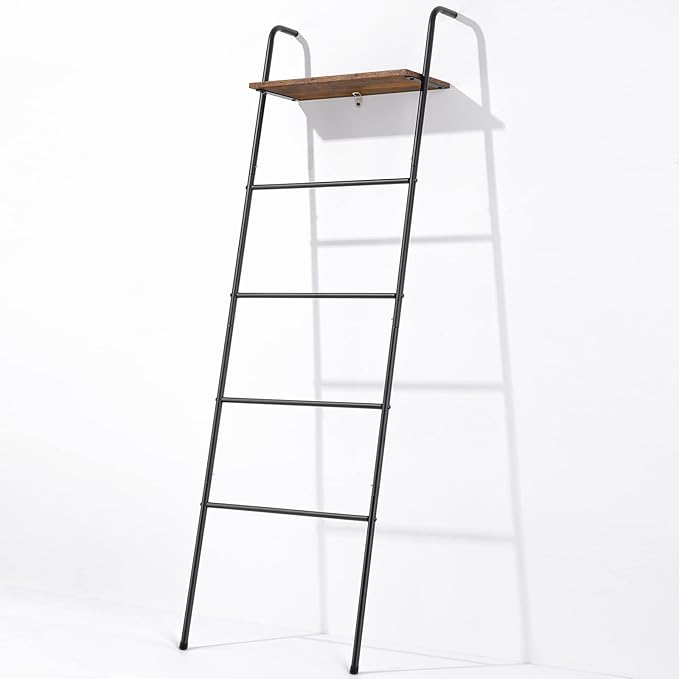 Blanket Ladder 5 Layer Wall-Leaning Blanket Rack with Shelf Decorative Blanket Ladder Shelf Metal Leaning Towel Ladder Rack for Blankets or Quilts for Living Room Bathroom Rustic Black