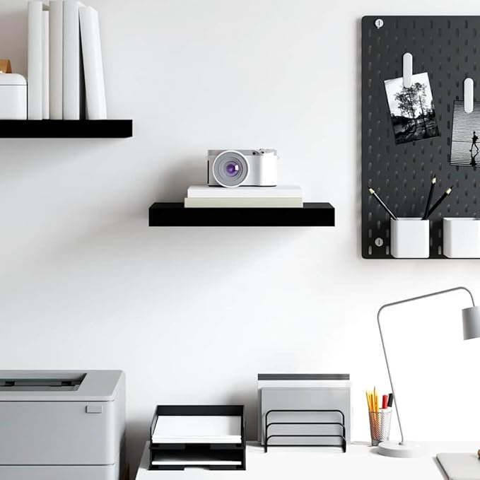 Floating Wall Shelf, Modern High Gloss Black Decorative Shelf for Living Room, Bedroom, and Office, Rectangular MDF Wall Mount Display Shelf for Books and Collectibles, 15.7 inch
