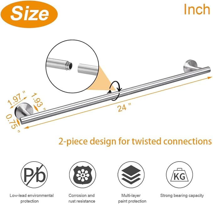 TocTen Bath Towel Bar - 2 Pack Thicken SUS304 Stainless Steel Towel Rack for Bathroom, Bathroom Hardware Accessories Towel Rod Heavy Duty Wall Mounted Towel Holder (24 Inch, Brushed Nickel)