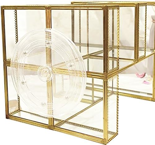 Hersoo 360 Degree Rotation Makeup Organizer Antique Countertop Cosmetic Storage Box Mirror Glass Beauty Display, Gold Spin Large Capacity Holder for Brushes Lipsticks Skincare Toner