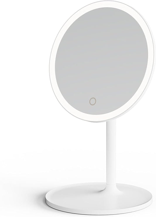 mooas Travel Makeup Mirror, Portable LED Lighted Vanity Mirror, 6.1×7.83 in Slim Foldable Mirror with Touch Control, 3-Color Dimmable Lighting, Rechargeable USB-C, Pouch Included, White (Round)