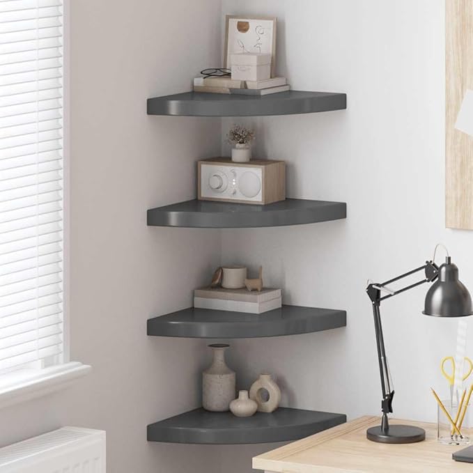 Floating Corner Shelves Set of 4, High Gloss Gray Modern Wall for Living Room Bathroom, 13.8 Inch Corner Display Shelves with Invisible Mounting, Durable MDF and Metal for Books Decor