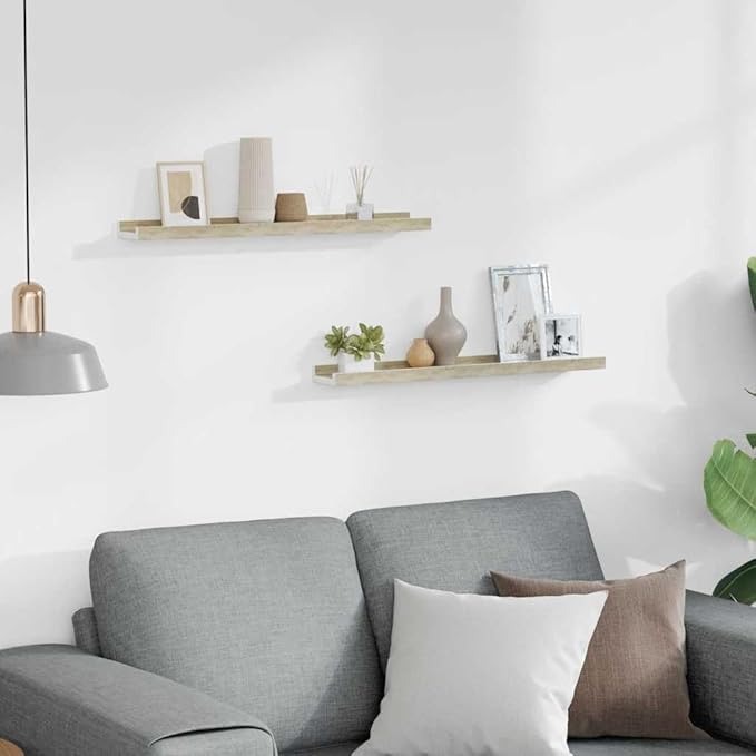 Floating Wall Shelf Set of 2, 23.6 inch Modern Rectangular Display Shelves for Living Room Bedroom, White and Sonoma Oak MDF Wood Shelving Unit