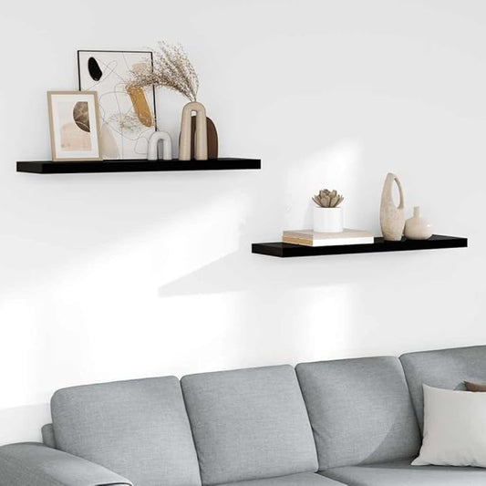 Floating Wall Shelves Set of 2, Modern High Gloss Black Decorative Wall Mounted Shelf for Living Room, Bedroom and Office, 35.4 Inch Rectangular Display Ledge