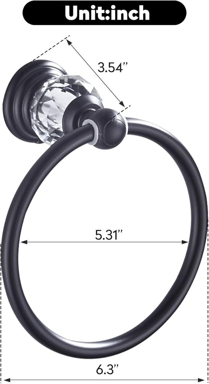 WINCASE Crystal Towel Ring, Black Hand Towel Holder, Bathroom Round Towel Hanger Racks Wall Mount Matte Black