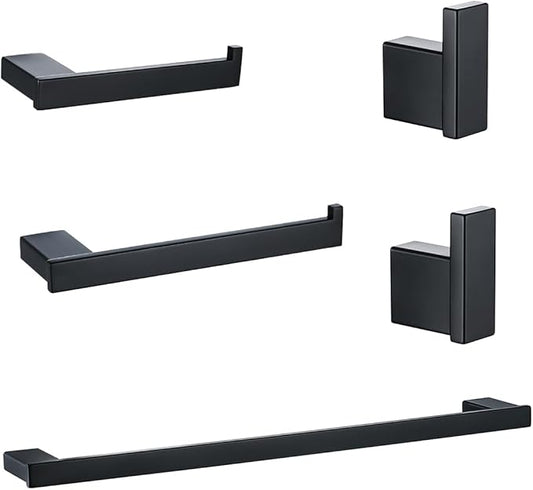 5-Pieces Matte Black Bathroom Accessories Set, Stainless Steel Bathroom Hardware Set, 23.6 Inch Bath Towel Bar Set, Towel Hooks,Towel Racks for Bathroom Wall Mounted,SE96009S-5MB