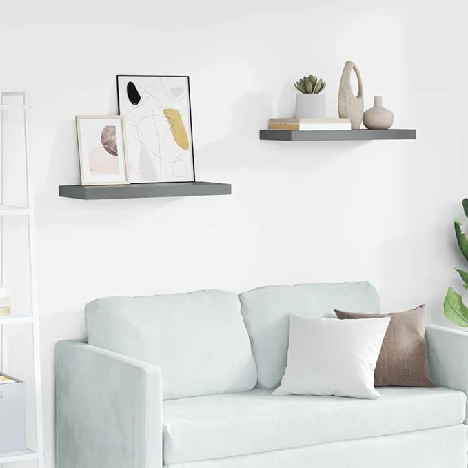 Floating Wall Shelves Set of 2, Modern High Gloss Gray Invisible Mounting Display Shelves for Living Room Bedroom, 23.6x9.3 Inches, MDF Honeycomb Core with Metal Frame, Holds 15.4 lbs Each
