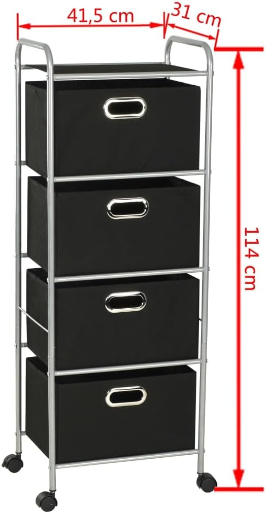 4 Fabric Shelves Storage Rack Unit in Black and Silver with Fabric Storage Boxes for Bedroom and Bathroom Organization