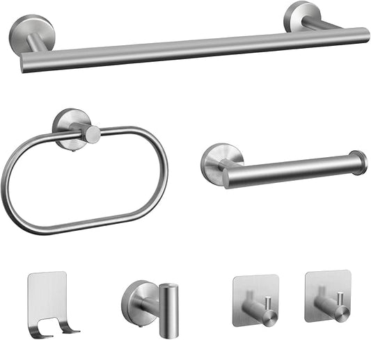 7 PCS Bathroom Hardware Set, Brushed Nickel Stainless Steel Bathroom Tower Rack Set Wall Mounted Includes 16" Towel Bar, Toilet Towel Paper Holder, Towel Ring, 4 Robe Towel Hooks
