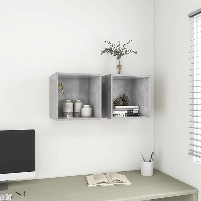 Wall Cabinet Set of 2, Modern Square Floating Storage Shelves for Living Room, Bedroom or Office, Concrete Grey Engineered Wood, 14.6 x 14.6 x 14.6 inch, Space-Saving Mountable Display Units