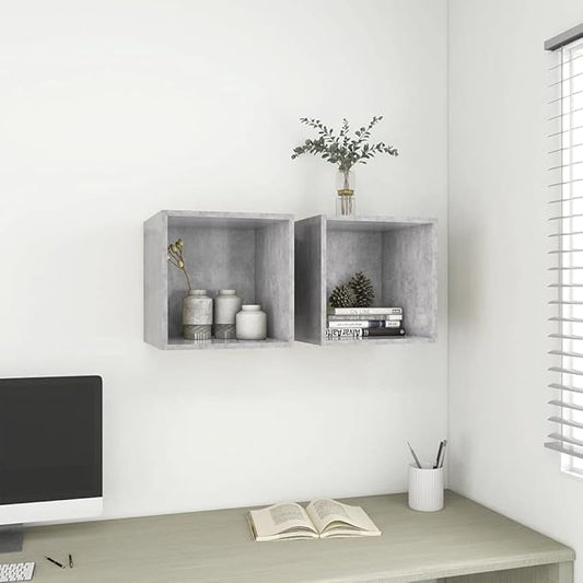 Wall Cabinet Set of 2, Modern Square Floating Storage Shelves for Living Room, Bedroom or Office, Concrete Grey Engineered Wood, 14.6 x 14.6 x 14.6 inch, Space-Saving Mountable Display Units