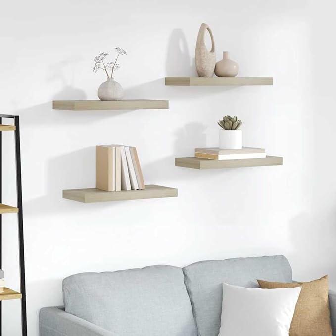 Floating Wall Shelves Set of 4, Invisible Mounting Oak Wood Look Display Shelves for Living Room, 19.7x9.1 Inches, Modern Rustic Home Decor for Books, Plants, Photos, Easy Install Durable MDF Board