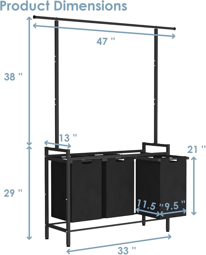 Large Laundry Hamper with Clothes Rack Hanging Bar, 10 x 3 Gal Pull-Out & Removable Sorter Bags, Freestanding Laundry Basket Organizer for Bathroom, Bedroom and Laundry Room, Black