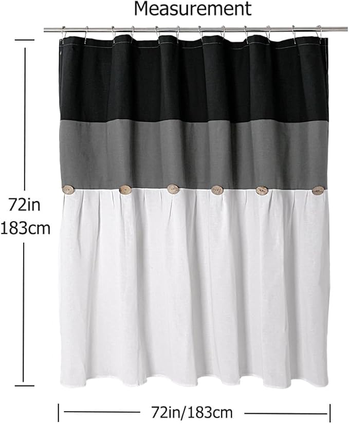 DOSLY Ides Farmhouse Cotton Button Black Gray Shower Curtain, Pleated White Cotton Blend Woven Fabric, Country Style, 72x72 in for Bathroom