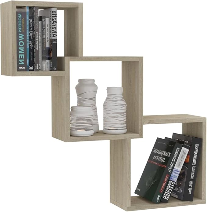 Wall Shelf, Square Floating Cube Shelves for Wall Storage, Modern Interlocking Display Rack in Sonoma Oak Finish, 26.8 x 26.8 x 5.9 Inch for Living Room Bedroom Office