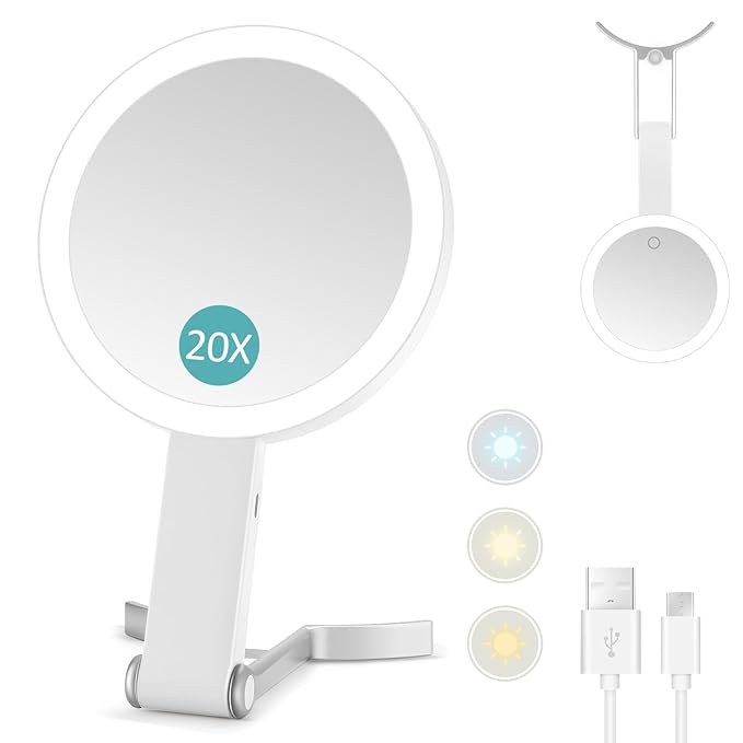 MIYADIVA Magnifying Mirror with Light, 20X Magnifying Makeup Mirror with Handheld,Travel Mirror with Lights and Magnification,3 Colors Desktop Mirror and Wall Mirror,Vanity Mirror with Lights 6 Inches
