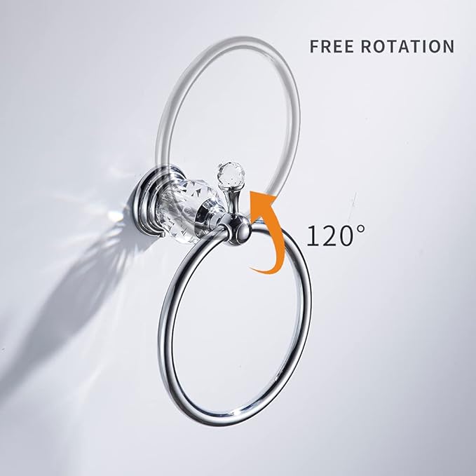 WOLIBEER Chrome Towel Ring, Crystal Hand Towel Holder Polished Bath Towel Bar Bling Bathroom Accessories Wall Mounted