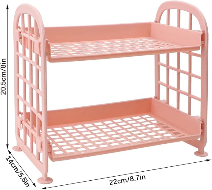 Desktop Rack Cosmetic Stationery Storage Holder, 2-Tier Multifunctional Plastic Shelf Makeup Organizer for Skincare Office Kitchen Bedroom Bathroom Home (Pink)