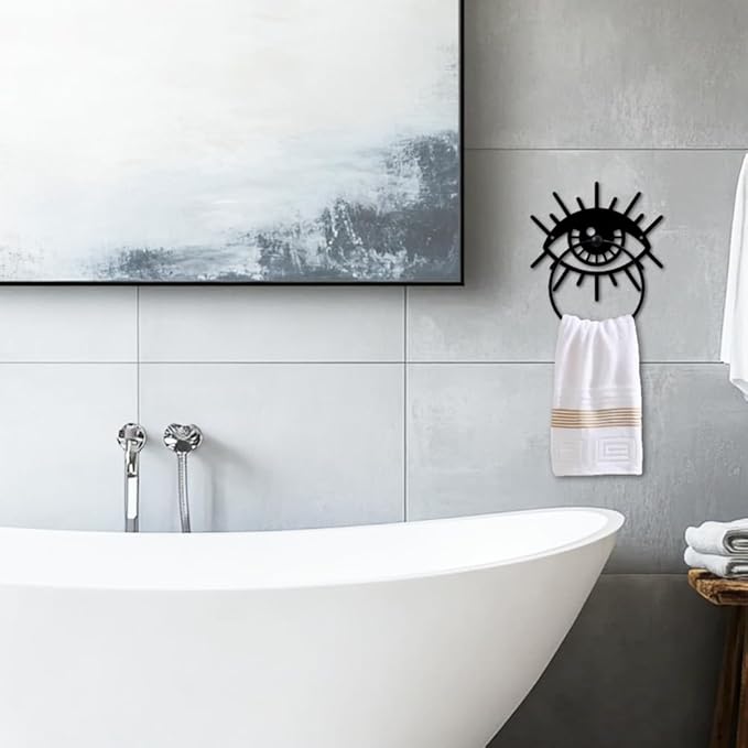 MAYJOYDIY Magic Eye Metal Towel Ring Evil Eye Towel Holder Eye Lashes Wall Decor Towel Hanger Bath Towel Ring Black Art Towel Rack Wall Mounted for Bathroom Kitchen Home Decors Gift