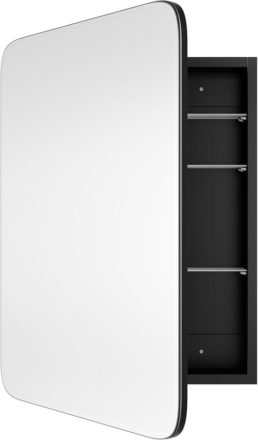 AGDULL Bathroom Wood Black Cabinet with 20''x30'' Curved Mirror, Recessed Medicine Cabinet, Bathroom Storage Cabinet