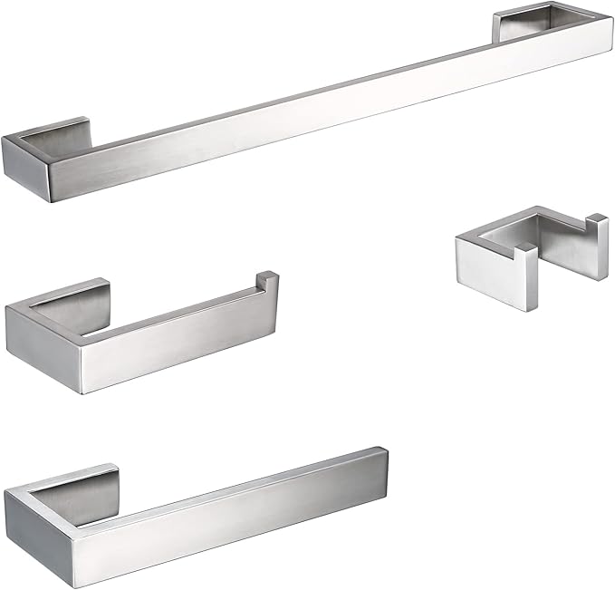 BAGNOLUX Brushed Nickel Bathroom Hardware Set 4 Pieces, Bath Towel Holder Set SUS304 Stainless Steel, Towel Racks Set for Wall Mount, Square Bathroom Accessories Set Towel Bar Heavy Duty