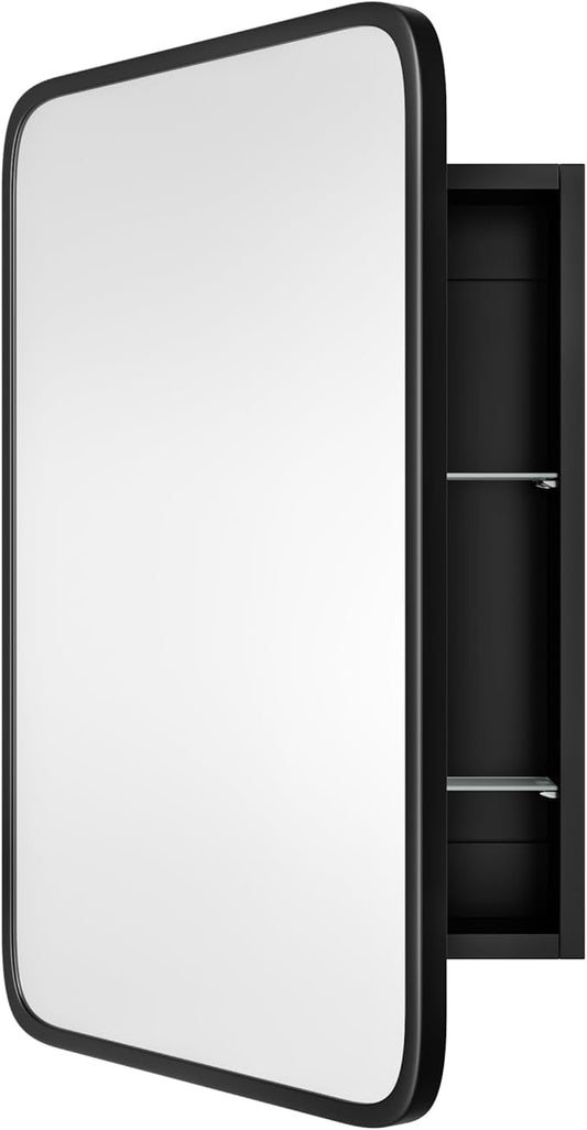 AGDULL Vintage-Style Bathroom Wood Black Cabinet with 16.5''x24'' Black Metal Frame Curved Mirror, Recessed Medicine Cabinet, in Wall or Surface Mount Bathroom Storage Cabinet