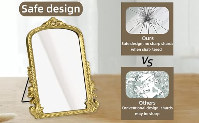 TenFuju Champagne Gold Vintage Baroque Vanity Mirror, Small Arched Tabletop Makeup Mirror, Free Standing Mirror for Dresser, Bedroom, Living Room, 11.8" x 9.6"
