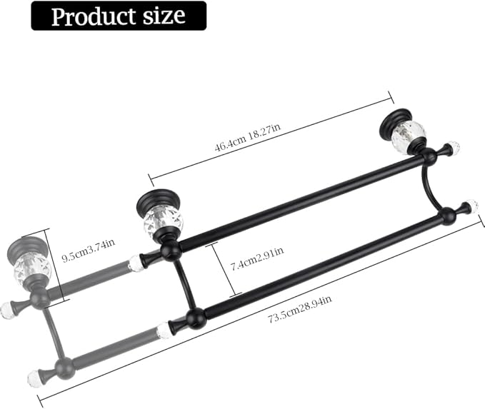 Crystal Black Towel Holder Double Adjustable Towel Bar 13 to 25 Inch, Towel Rack Rail for Bathroom Wall Mounted