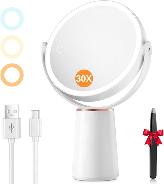 Auxmir Makeup Mirror with Lights, Double Sided 30X/1X Magnifying Mirror, 3 Color Stepless Dimmable Mirrors with Touch Screen, 2000 mAh Rechargeable 360° Free Standing Vanity Mirrors for Women