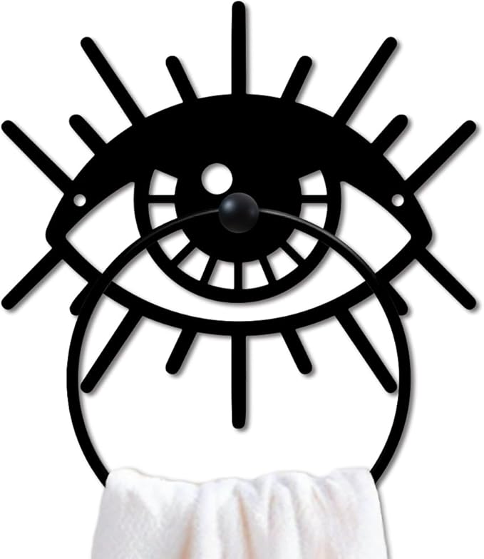 MAYJOYDIY Magic Eye Metal Towel Ring Evil Eye Towel Holder Eye Lashes Wall Decor Towel Hanger Bath Towel Ring Black Art Towel Rack Wall Mounted for Bathroom Kitchen Home Decors Gift
