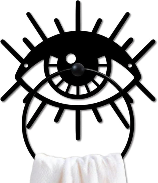 MAYJOYDIY Magic Eye Metal Towel Ring Evil Eye Towel Holder Eye Lashes Wall Decor Towel Hanger Bath Towel Ring Black Art Towel Rack Wall Mounted for Bathroom Kitchen Home Decors Gift