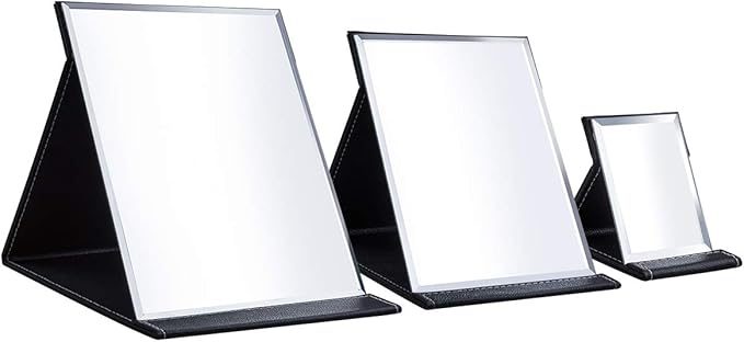 LONGSHENG - SINCE 2001 - Protable PU Leather Mirror Folding Desktop Makeup Mirror with Adjustable Stand for Personal Use,Travelling (M, Black)