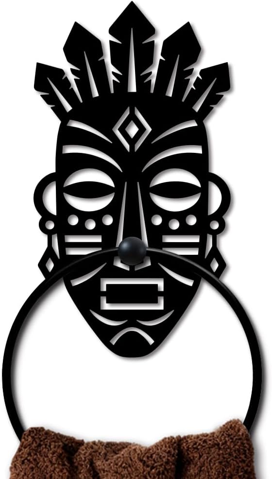 MAYJOYDIY Tribal Face Metal Towel Ring Round African Theme Hand Towel Holder Primitive Ring Hanger Wall Mount Black Vintage Towels Wall Organizer for Kitchen Bath Home Laundry Room Decors Gifts
