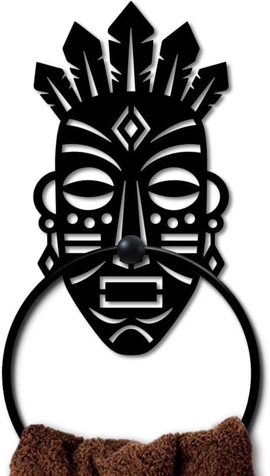 MAYJOYDIY Tribal Face Metal Towel Ring Round African Theme Hand Towel Holder Primitive Ring Hanger Wall Mount Black Vintage Towels Wall Organizer for Kitchen Bath Home Laundry Room Decors Gifts
