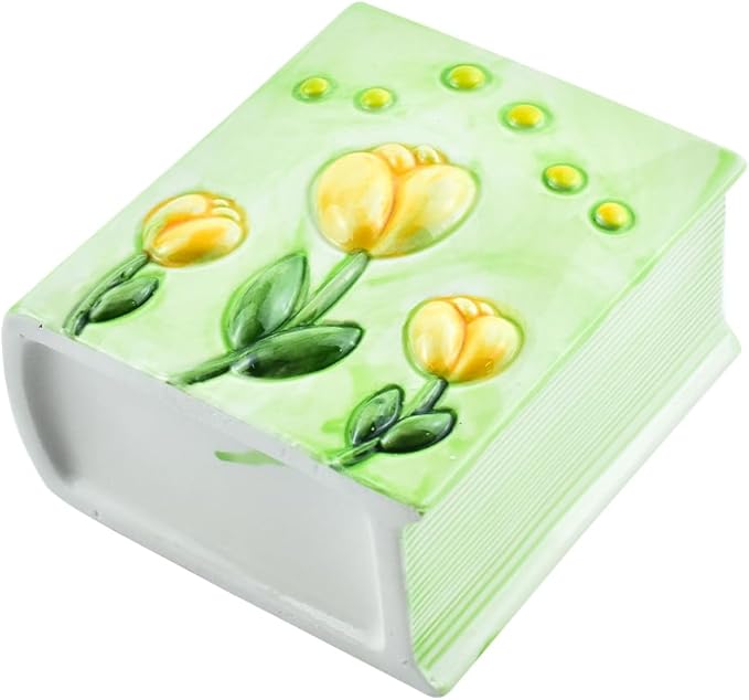 Ceramic Book Shaped Tulip Pattern Cosmetic Storage Box, Desktop Organizers Make Up Brush Storage Stand Desktop Storage Box for Brush,Pencil,Art Supplies, Painting Brush (Green)