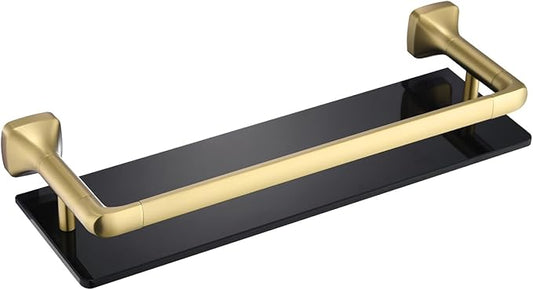 16-Inch Bathroom Glass Shelf, Rectangular Floating Shelves, Brushed Gold Wall Organizer with Black Tempered Glass & Safety Railing