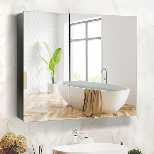 Movo 32 Inch x 28 Inch Mirrored Medicine Cabinet, Frameless Black Medicine Cabinet for Bathroom with Mirror,Surface Mount Bathroom Medicine Cabinet with Storage