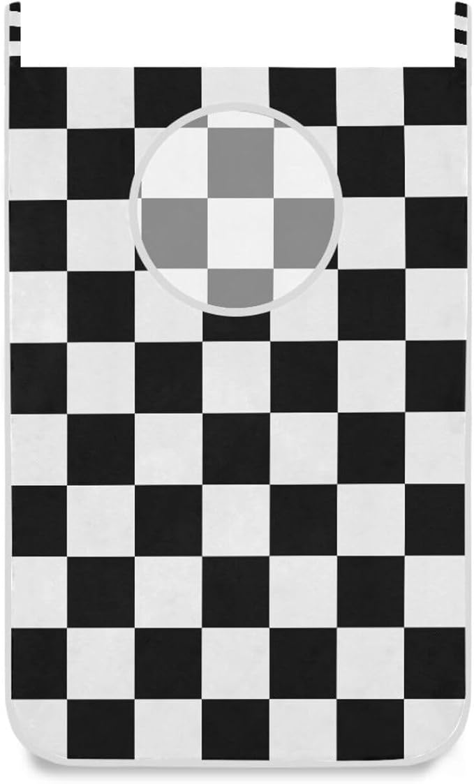 Checkered Black and White Hanging Laundry Hamper Door Hampers Bag Basket with Stainless Steel Hooks Oxford Fabric Printing Decorative Clothes Bags 29.5X20inch 1Pack