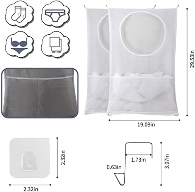 Hanging Laundry Hamper, Over The Door Laundry Hamper, Mesh Hanging Laundry Bag with Pockets Zipper Foldable Lightweight, For Rv Camper Apartment College Dorm Room Storage Small Space Organizer, 2 Pack