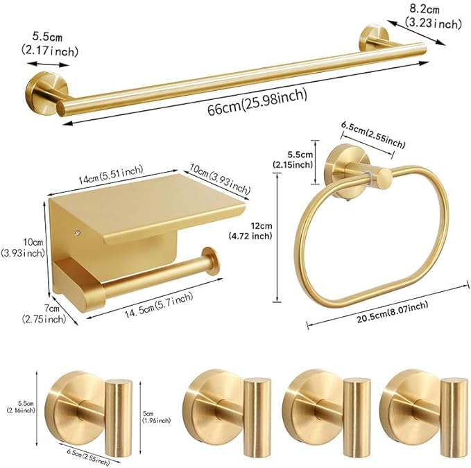 7-Piece Bathroom Hardware Accessories Set SUS304 Stainless Steel Towel Bar Set Wall Mounted 25.9-Inch Towel Rack, Towel Ring, Toilet Paper Holder with Shelf & 4 Hooks, Golden